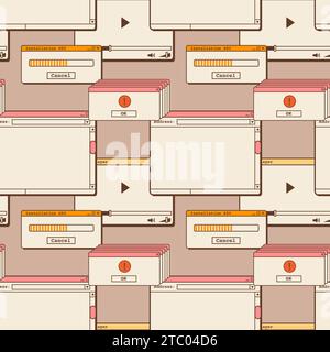 Old computer aesthetic seamless pattern. Retro screen panel with user interface elements. Message windows with buttons, dialog box and error. 1980s 19 Stock Vector