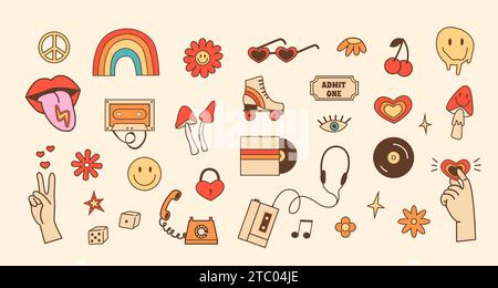 Retro set of stickers with 70s 80s style elements. Cartoon daisy flower with smiley face. Old fashioned roller skate, music devices and hand gestures. Stock Vector