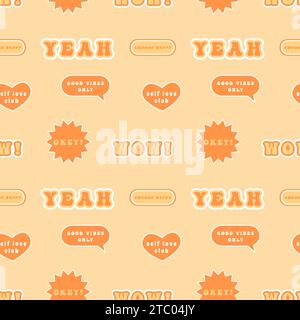 Retro seamless pattern with various cool trendy patches or stickers. 70s hippie culture inspired background. Vintage color palette. Vector illustratio Stock Vector