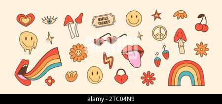 Hippie vintage outline color icons in 70s 80s style. Retro set of stickers with psychedelic elements. Groovy funky mushrooms, flowers and rainbow Stock Vector