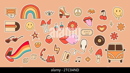 Big retro set of stickers with hippie culture elements. Positive psychedelic outline colored icons in 70s 80s style. Old fashioned vintage objects and Stock Vector