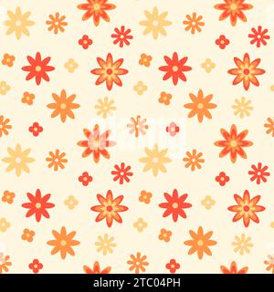 70s inspired floral seamless pattern. Various daisy spring and summer flowers. Botanical retro vintage style yellow background. Vector illustration in Stock Vector