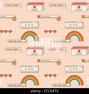 Abstract retro 80s 90s aesthetic groovy seamless pattern with positive quote and phrases, nostalgic elements and stickers. Background in vaporwave old Stock Vector