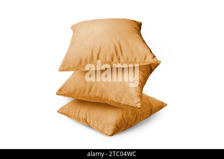 Stack of orange pillows isolated on white background. Pile of  decorative cushions for sleeping and resting, home interior, house decor. Stock Photo