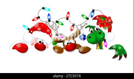 Santa Claus, deer, and dragon on a white background. Cartoon characters are dressed in Santa hats and decorated with Christmas tree decorations and a Stock Vector