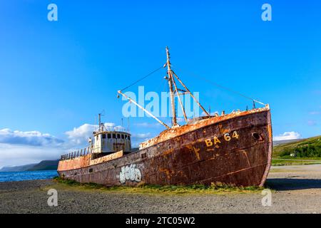 Gardar BA 64 Shipwreck on a sunny day, Westfjords, Iceland Stock Photo
