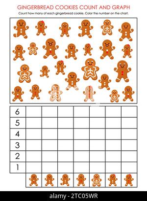 Math worksheet for kids. Christmas counting activity for preschool education. Cute gingerbread men Stock Vector