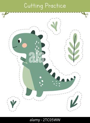 Cutting practice worksheet for kids. Cut the dinosaur. Educational game for preschool and kindergarten education Stock Vector