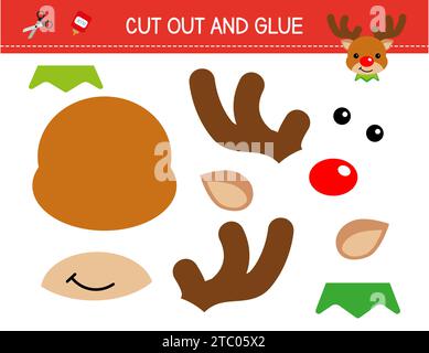 Christmas cut and glue worksheet for kids. Cut and paste the cute reindeer. Educational game for children. Scissor skills activity Stock Vector
