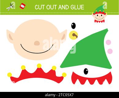 Christmas cut and glue worksheet for kids. Cut and paste the cute elf. Educational game for children. Scissor skills activity Stock Vector