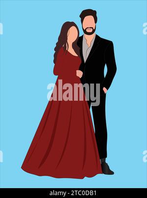 Indian wedding couple illustration for save the date, wedding e-invite cards Stock Vector
