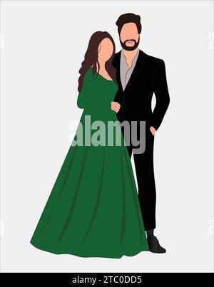 Indian wedding couple illustration for save the date, wedding e-invite card Stock Vector
