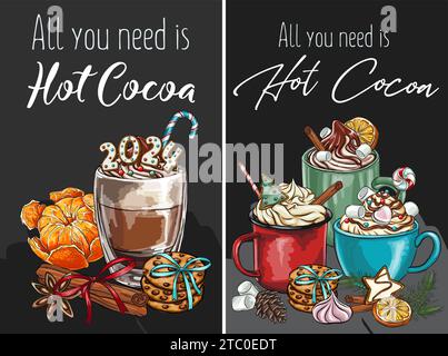 Hot Cocoa Station Bar Signboard Christmas Cookie Gingerbread Sweets 2024, Candy Christmas DIY Signboard Holiday Crafts Stock Vector