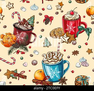 seamless patterns festive winter Collection with decoration of hot drinks: coffee, tea, chocolate, cappuccino, Stock Vector