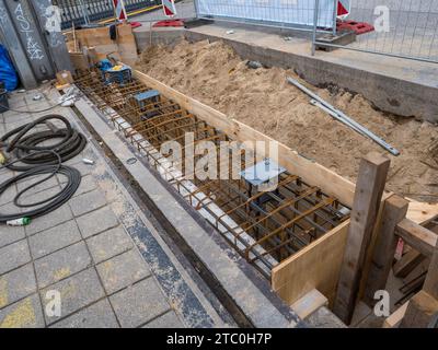 A insitu concrete wooden form with steel reinforcement in place, Hamburg, Germany. Stock Photo