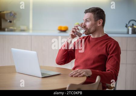 Freelancer working from home using laptop in cozy modern apartment, drinking water during break Stock Photo