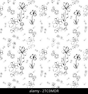 Seamless nature pattern with black and white hand drawn flowers of different sizes. Vector illustration. Stock Photo