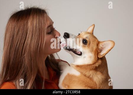 girl hugs and kisses a red corgi dog on a clean light background, love for dogs Stock Photo