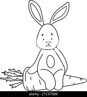 Coloring Page For Kids Featuring A Bunny Sitting On A Large Carrot, Perfect For Children'S Creativity Is A Fun, Creative Coloring Book For Children, Featuring Vector Illustrations Stock Vector