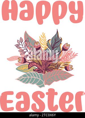 Happy Easter text with a bouquet of flowers. Vector illustration Stock Vector