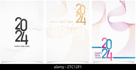 vector illustration three set 2024 fonts numbers templates isolated backgrounds for New Year calendar, covering, social media header, greeting cards Stock Vector