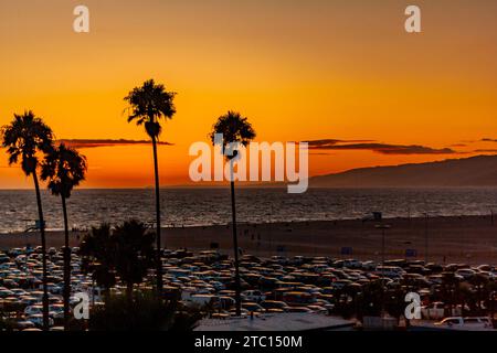 Sunset at Santa Monica Beach with palm trees in silhouette, Santa Monica, California, with cars parked by the beach in southern California in summer Stock Photo