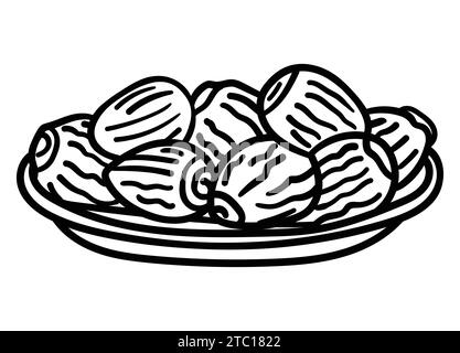 Vector Illustration of Date Fruit on bowl. Phoenix Dried Fruit. logo , line-art, hand-drawn, for web and print Stock Vector