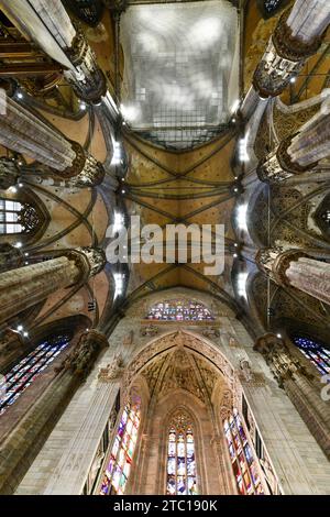 Milan, Italy - Aug 4, 2022: Inside the famous Duomo, the cathedral of Milan city, Italy, also known as Basilica of the Nativity of Saint Mary. Its con Stock Photo