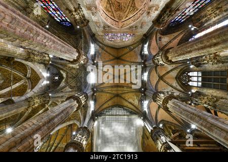 Milan, Italy - Aug 4, 2022: Inside the famous Duomo, the cathedral of Milan city, Italy, also known as Basilica of the Nativity of Saint Mary. Its con Stock Photo