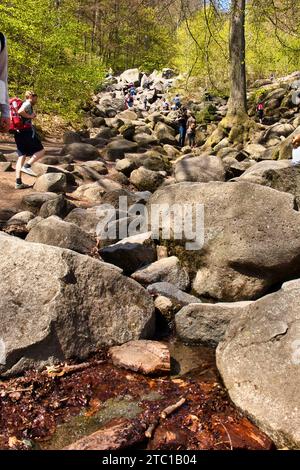 Lautertal, Germany - April 24, 2021: Large rocks covering hill at Felsenmeer, Sea of Rocks, on a spring day in Germany. Stock Photo