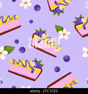 Slice of blueberry cake, fresh berries and flowers Stock Vector