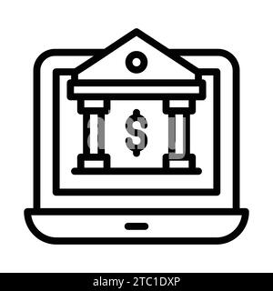 Bank building with laptop depicting bank website or online banking concept icon. Stock Vector