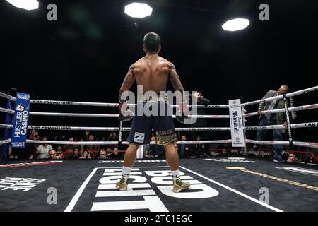 Long Beach, California, USA. 9th Dec, 2023. Former featherweight champion Mark Magsayo (25-2 navy & gold) celebrates after knocking out Isaac Avelar (17-7) in the 3rd round of their super featherweight bout. (Credit Image: © Adam DelGiudice/ZUMA Press Wire) EDITORIAL USAGE ONLY! Not for Commercial USAGE! Credit: ZUMA Press, Inc./Alamy Live News Stock Photo