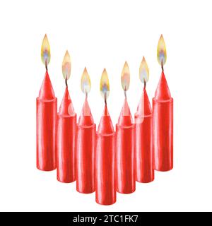 Watercolor red candles with flame for illustrations for Christmas, Candlemas Day, wedding, birthday, Easter, magic, memorial day, spa and relaxation f Stock Photo