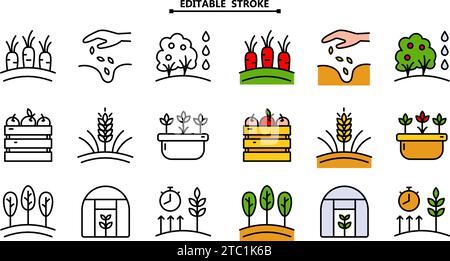 Farmer icons set. Editable stroke. Flat collection of farmer vector icons for web design isolated on white background. Symbol, logo illustration. Vect Stock Vector
