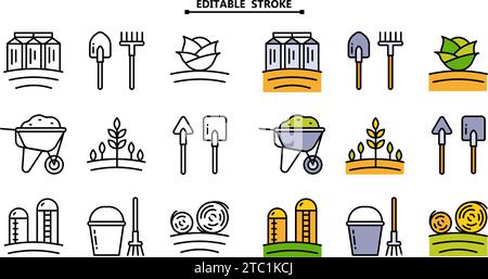 Farming icons set. Editable stroke. Agriculture color vector icons. Symbols, logos illustration set. Vector simple graphics. Stock Vector