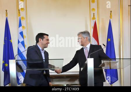 Vienna, Austria. On February 9, 2015, Chancellor Werner Faymann (r.) received Greek Prime Minister Alexis Tsipras (l.) for talks in the Federal Chancellery Stock Photo