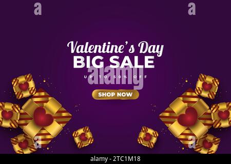 Valentine's day sale banner with realistic gold gift boxes, red hearts and glitter gold confetti on purple background Stock Vector