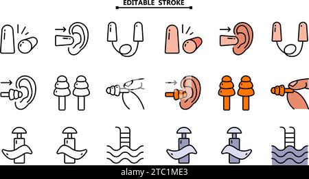 Earplugs icons set line vector. Editable stroke. Anti-noise device ...