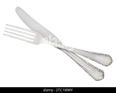 Silver cutlery knife and fork isolated on white background Stock Photo