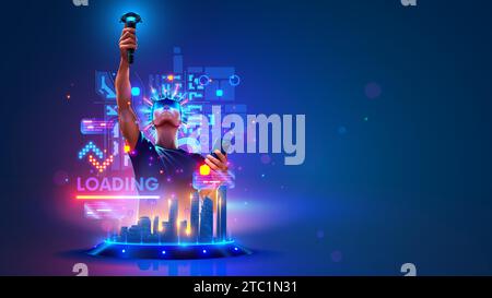 VR metaverse. Virtual reality video game. VR and AR technology concept. Man wearing 3d VR headset glasses looks up in cyberspace of metaverse. Virtual Stock Vector