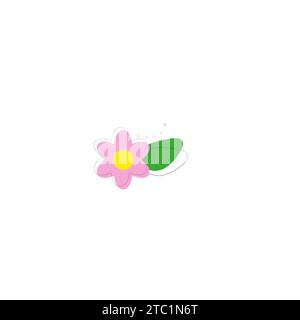 Simple vector of a pink and yellow daisy with a branch and green leaves. Stock Vector
