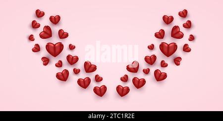 3D Red Flying Hearts Forming Wings, Isolated on Transparent Background. Realistic Red Hearts Illustration. Valentine's Day Background for Wallpaper Stock Vector