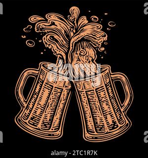 Cheers,Two clinking glasses mugs. Clinking glass tankards full of beer and splashed foam. Hand drawn vector illustration Stock Vector