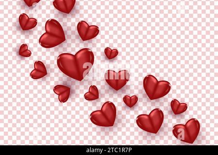 3D Red Flying Hearts Isolated on Transparent Background. Realistic Red Hearts Illustration. Valentine's Day Background for Wallpaper, Flyers Stock Vector