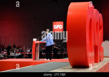 Berlin, Germany. 10th Dec, 2023. Saskia Esken, Chairwoman of the SPD, speaks at the SPD's regular national party conference at the Berlin Exhibition Center. From 8 to 10 December 2023, the delegates plan to adopt, among other things, a key motion on the modernization of Germany, with which the SPD wants to position itself for the next federal election in 2025. Credit: Bernd von Jutrczenka/dpa/Alamy Live News Stock Photo