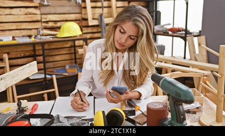 Beautiful blonde carpenter - a young woman takes notes sitting at a timber table in a carpentry workshop, skillfully using her smartphone Stock Photo