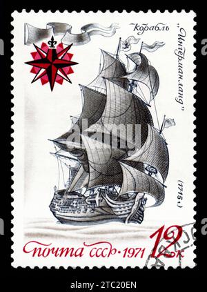 USSR - CIRCA 1971: a stamp printed by USSR, shows known old russian sailing warship an 'Ingermanland', circa 1971 Stock Photo