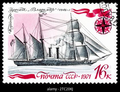 USSR - CIRCA 1971: a stamp printed by USSR, shows known old russian steamship-frigate ' Vladimir', circa 1971 Stock Photo