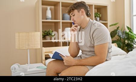 Pensive young hispanic man, relaxing on his comfy bedroom bed, engrossed in writing thoughts and ideas in his notebook, serious expression evident Stock Photo